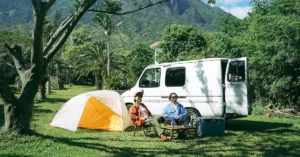 van camping ideas people sitting before van
